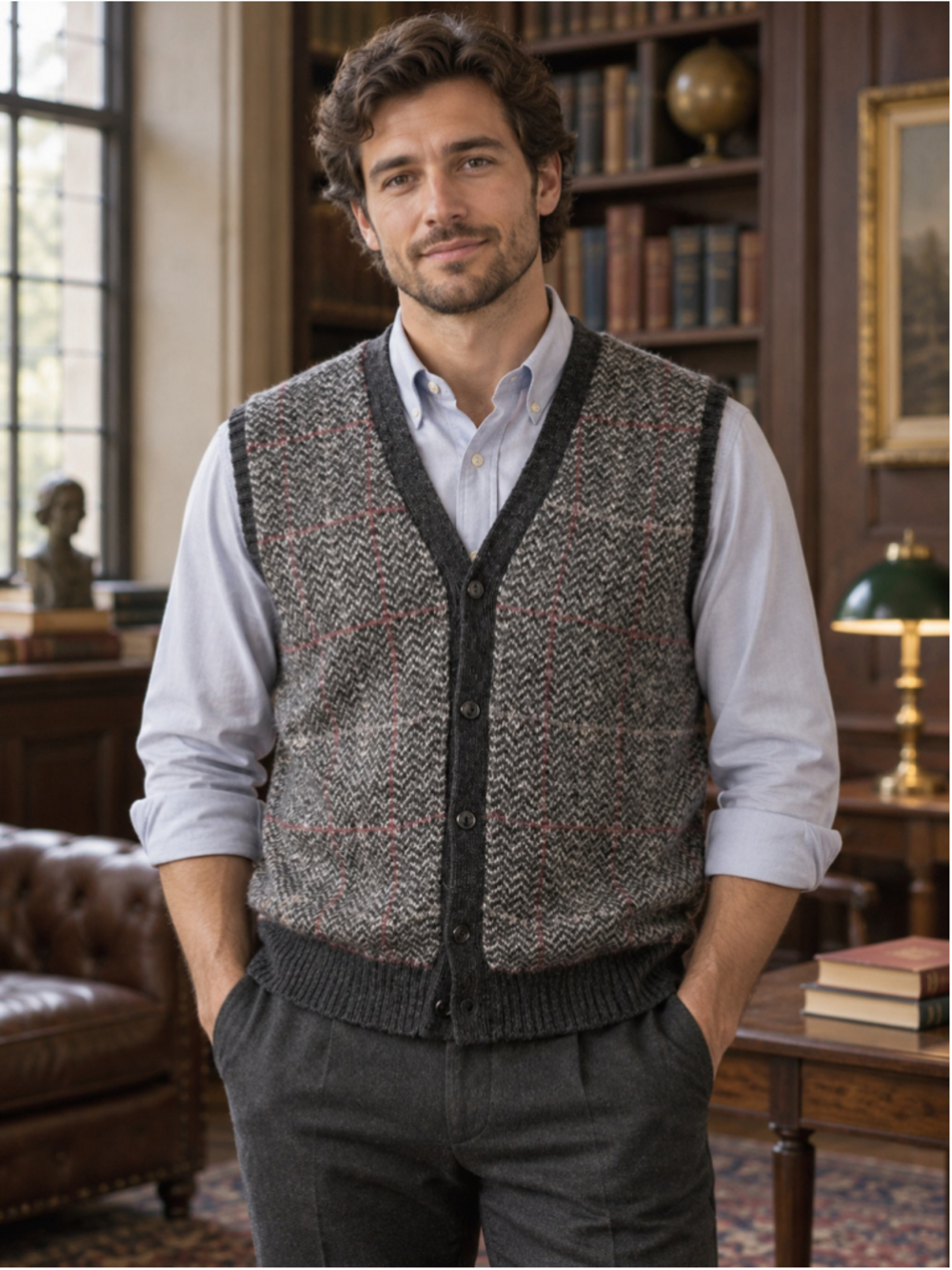 Leo Chevalier Vest Men L Scottish Shetland Wool Plaid Academia Grandpacore Gray